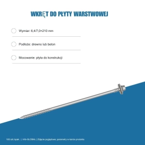 Wkręt do płyty warstwowej Info-GLOBAL ARW 0 CSG 6,4/7,0×210 mm, bez lakieru, 100 szt. Wkręt do płyty warstwowej Info-GLOBAL ARW 0 CSG 6,4/7,0×210 mm, bez lakieru, 100 szt.
